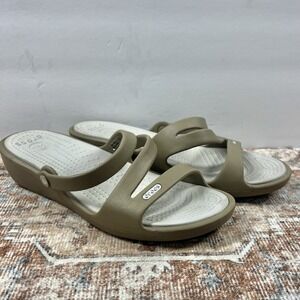 Crocs Sandals Womens 7 Taupe Tan Patricia‎ Wedge Slide Comfort Croslite Footbed